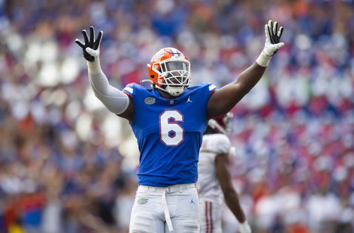 Sep 18, 2021; Gainesville, Florida, USA; Florida Gators defensive lineman Zachary Carter (6) celebrates against the Alabama Crimson Tide at Ben Hill Griffin Stadium. Mandatory Credit: Mark J. Rebilas-USA TODAY Sports